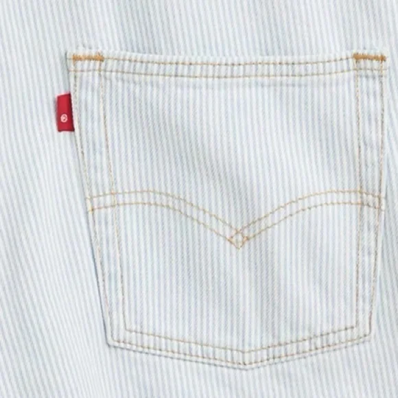 LEVI’S Vintage Style Denim Shortall NWT Stripey Blue Overall Shorts - Picture 9 of 9